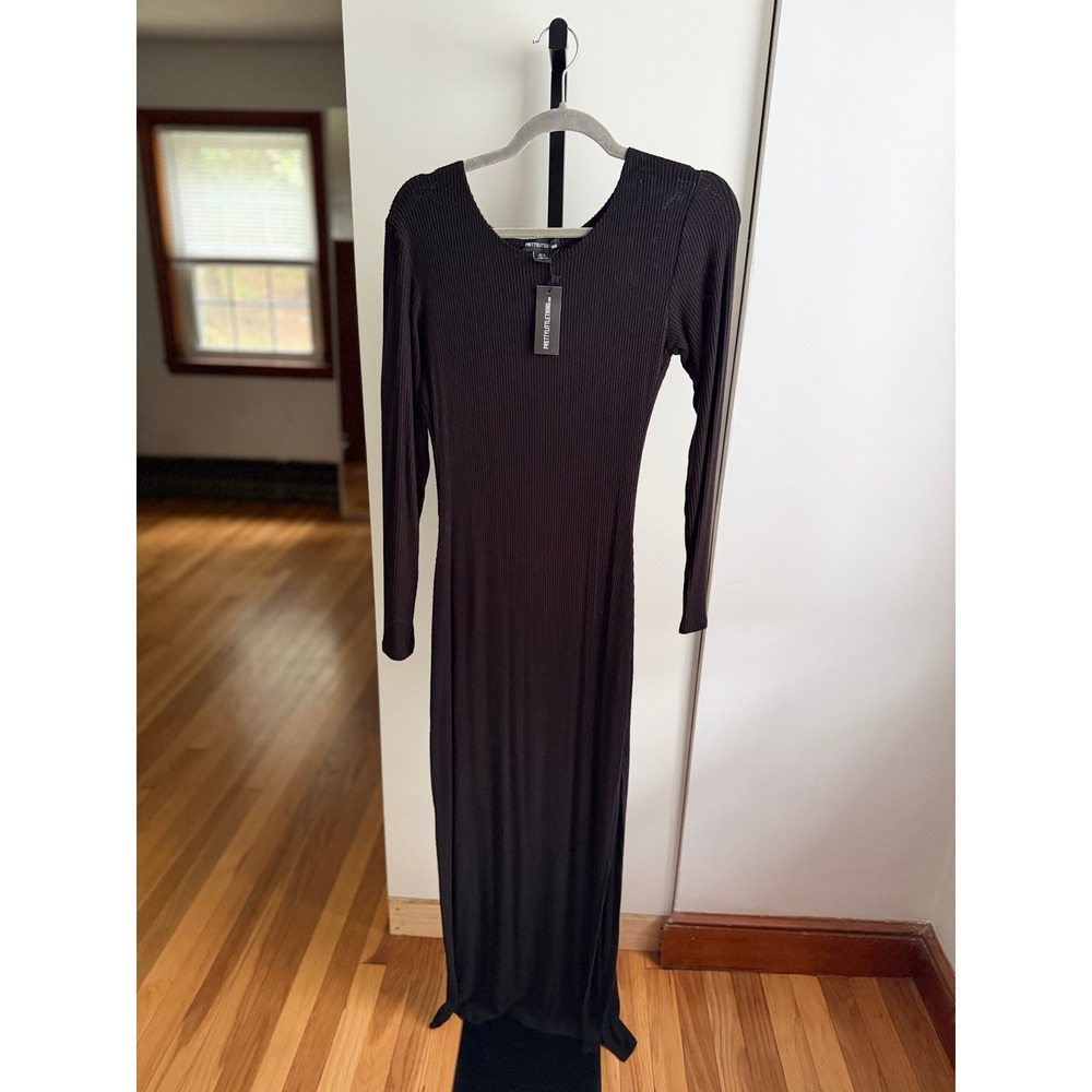 PrettyLittleThing Rib Knit Piquet Hem Maxi Dress - Size 4 - Black